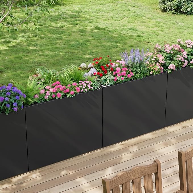 Stoog 38" Metal Tall Rectangular Planter - All-Weather Planter Box for Indoor/Outdoor Use, with Removable Insert Shelf, and Modern Design for Plants, Flowers, Garden, Black-Ruum Studio Home