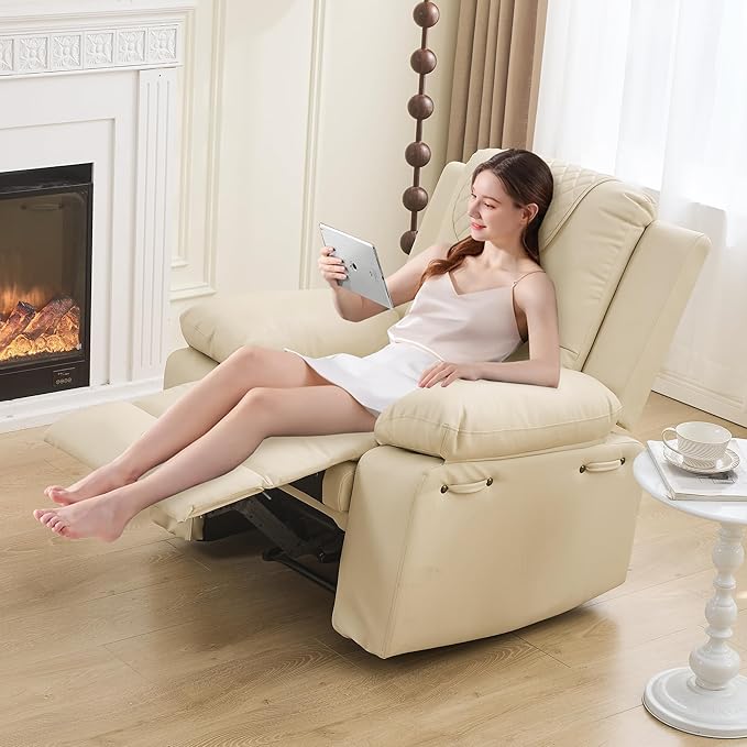 Recliner Chair with Electric Massage Adjustable Footrest & Heat, Manual Leather Recline for Adults Living Room Remote Control (Beige)-Ruum Studio Home