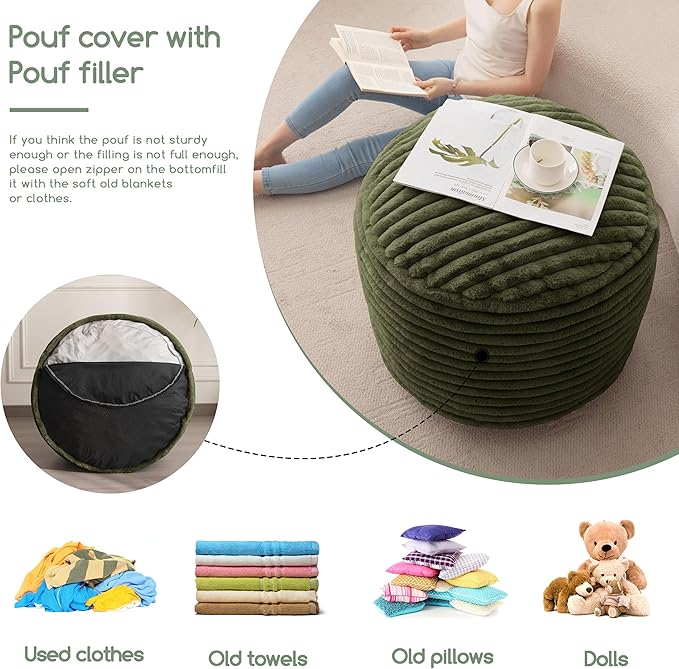 HIGOGOGO Round Stuffed Pouf Ottoman, Stripe Faux Fur Poufs with Foam Chunk Filling, Furry and Fluffy Pouf Foot Stool Storage Ottoman, 26 X 18 Floor Poufs Foot Rest for Living Room, Green-Ruum Studio Home