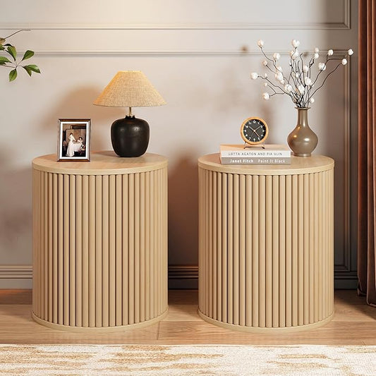 AVZEAR Small Round Side Table Fluted Night Stand Set of 2, Modern Boho End Table with Storage, Circle Bedside Tables Wood Nightstands for Small Spaces, Living Room, Bedroom (Nature)-Ruum Studio Home