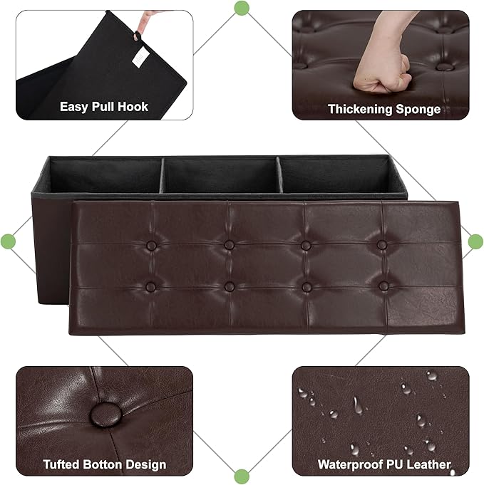 43 Inches Folding Storage Ottoman Bench, PU Leather Storage Chest, Footrest Padded Seat for Bedroom and Hallway, Holds up to 660 lbs, Brown-Ruum Studio Home