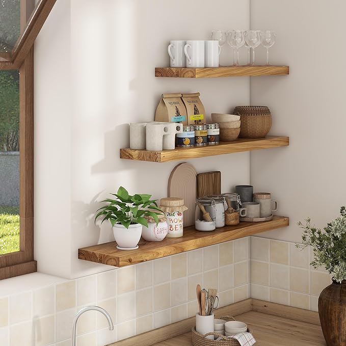 Axeman Floating Shelves for Wall - 32''W x 8'' D Rustic Solid Elm Wood Shelves for Storage, Wall Mounted Display Shelving with Invisible Heavy-Duty Metal Bracket (Natural, 2PCs)-Ruum Studio Home