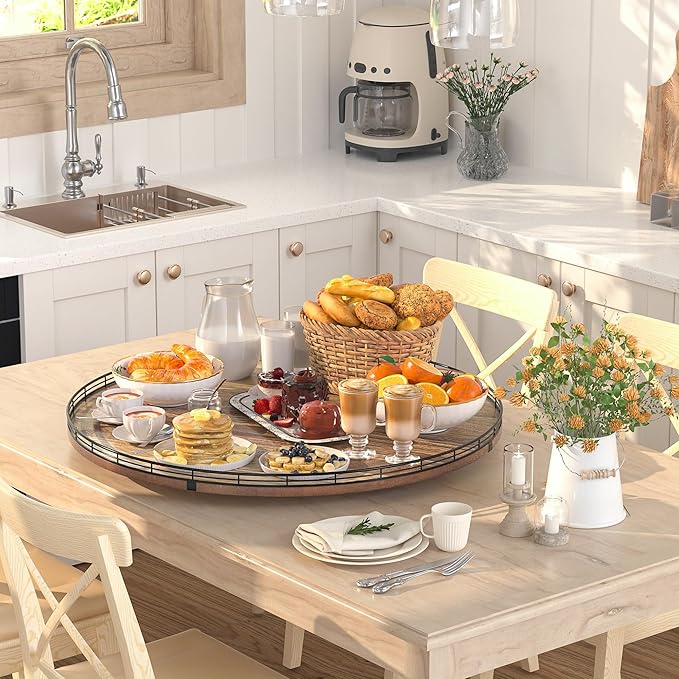 Acacia Wood 24" Lazy Susan Turntable Organizer for Table Top, Farmhouse Extra Large Round Lazy Susan for Serving Kitchen Countertop Cabinet for Charcuterie Centerpiece, Bathroom Vanity Tray Decor-Ruum Studio Home
