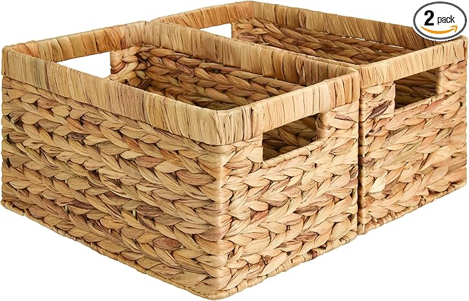 StorageWorks Wicker Basket, Baskets for Organizing, Storage Basket with Built-in Handles, Water Hyacinth Shelves (Medium 2-Pack, Natural Hyacinth)-Ruum Studio Home