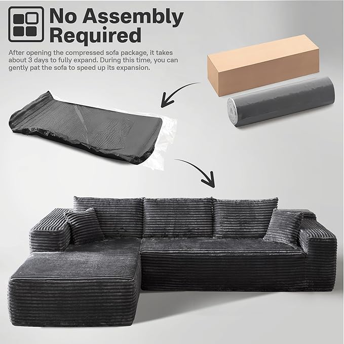 104" Cloudy Sectional L Shaped Couch for Living Room, No Assembly Required, Modular Comfy Sofa with Deep Seat, Fluffy Couch with Sleeper Chaise for Apartment Lounge (Grey)-Ruum Studio Home