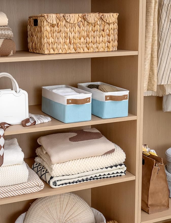 StorageWorks Narrow Storage Bins, Small Basket for Closet and Shelves, Fabric Organizer with Handles, Toilet Paper Storage, Light Blue and White, 2-Pack-Ruum Studio Home