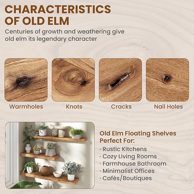 Fun Memories 48" Floating Shelves for Wall, Live Edge Solid Elm Wood Floating Shelf with Invisible Bracket, Wall Mounted Display Wooden Shelves for Bathroom, Kitchen, Bedroom, Natural Color, Set of 1-Ruum Studio Home