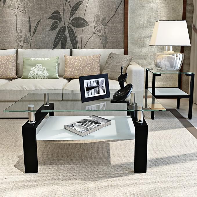Glass Coffee Table for Living Room, 2 Layer Center Table with Clear Rectangle Tempered Glass Top Black Metal Leg, Mordern Home Office Furniture-Ruum Studio Home