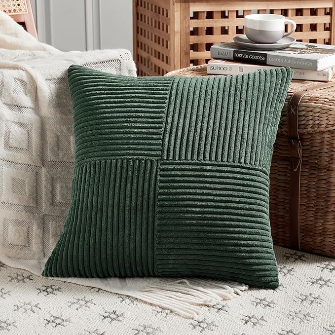 Fancy Homi Set of 2 Dark Green Decorative Throw Pillow Covers 24x24 Inch for Bedroom Couch Bed, Boho Farmhouse Forest Green Home Decor, Soft Corss Corduroy Patchwork Textured Cushion Case 60x60 cm-Ruum Studio Home