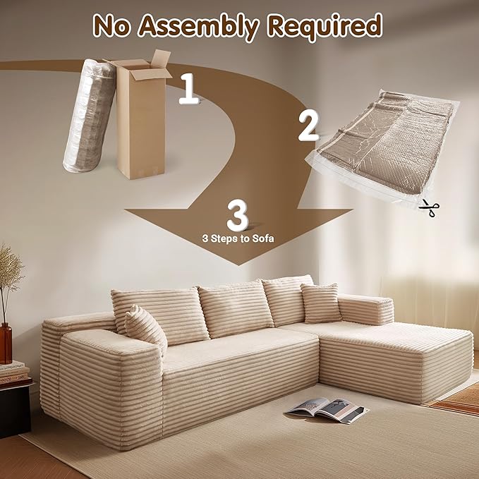 ovios 104" Cloud Sectional Couch with L-Shape Chaise,Modern Modular Sofa with Deep Seat, Upholstered Couches for Living Room Bedroom,No Assembly Required, Beige (Plush Corduroy Fabric)-Ruum Studio Home