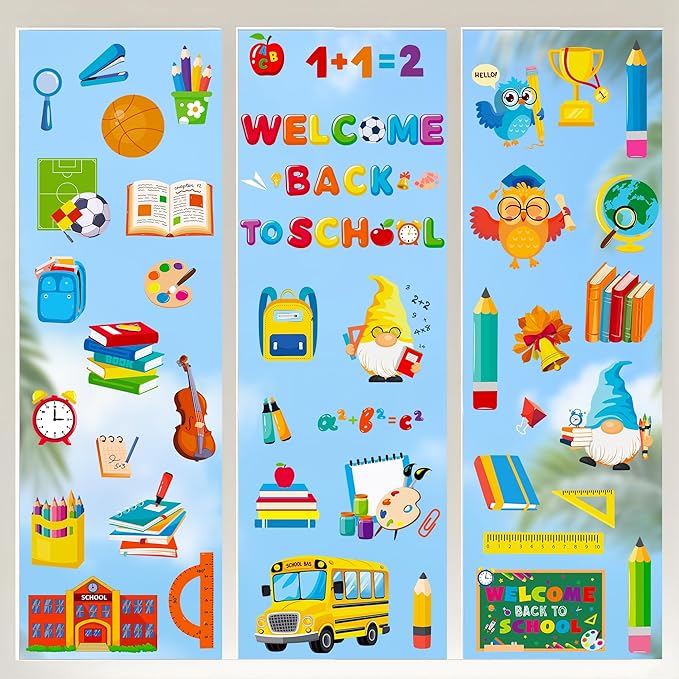 9 Sheets Back to School Window Clings, Double-Sided Window Clings for Classroom, Bus Apple Pencil First Day of School Book Window Stickers for First Day of School Decorations Supplies Decor-Ruum Studio Home