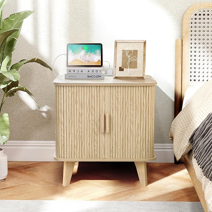 AVZEAR 24" Large Square End Table with Charging Station, Farmhouse Fluted Sofa Side Table with Sliding Tambour Door & Storage, Curved Rustic Wood Nightstand for Living Room, Bedroom, Natural-Ruum Studio Home