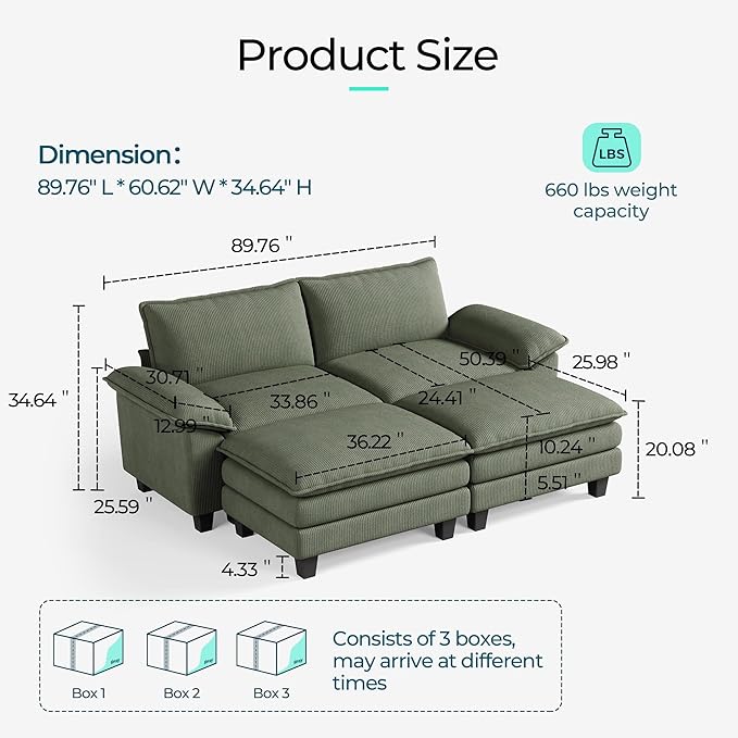 LINSY HOME Modular Sectional Sofa - 90'' Sleeper Sofa Cloud Couch Oversized Corduroy Sofa Bed with Movable Ottoman Soft Modern Comfy Couch for Living Room Apartment Office, Green-Ruum Studio Home