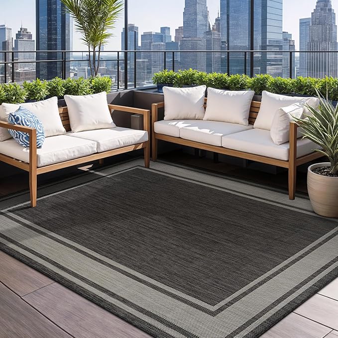 Beverly Rug Outdoor Rug 5x7 Modern Bordered Area Rugs for Indoor and Outdoor Patio Deck Porch Garden Waterproof Weather Sun Resistant Washable Outside Carpet (5 x 7 Dark Gray)-Ruum Studio Home