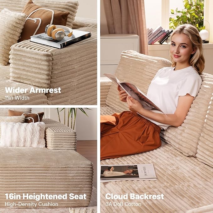 104" Cloudy Sectional L Shaped Couch for Living Room, No Assembly Required, Modular Comfy Sofa with Deep Seat, Fluffy Couch with Sleeper Chaise for Apartment Lounge (Beige)-Ruum Studio Home
