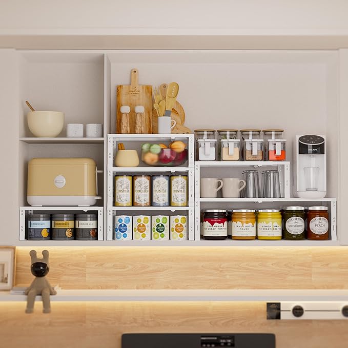 Expandable Spice Rack,Stackable Storage for Cabinet, Multi-Functional Kitchen Shelving,Height-Adjustable,Sustainable Organizer Solution(1Pack/White/Large)-Ruum Studio Home
