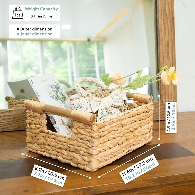 VATIMA Hyacinth Small Wicker Basket 11.6x8.1x4.9" - Bathroom Organizer, Wooden Handle, Decorative Storage-Ruum Studio Home