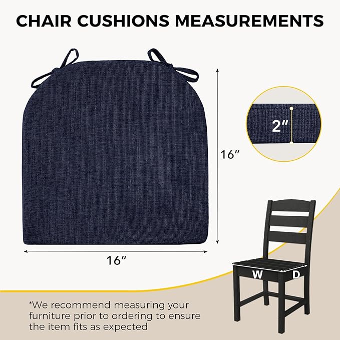 downluxe Indoor Chair Cushions for Dining Chairs, Soft and Comfortable Textured Foam Kitchen Chair Pads with Ties and Non-Slip Backing, 16" x 16" x 2", Navy, 2 Pack-Ruum Studio Home