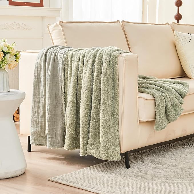 EMME Muslin and Fleece Twin Blanket Reversible - 60"*80" Sage Green Soft Warm Throw Blankets for Couch Bed Picnic Travel Bed-Ruum Studio Home