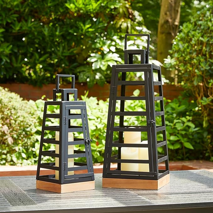 Glitzhome Set of 2 Modern Trapezoid Metal/Wood Decorative Lanterns,Large Candle Lanterns for Living Room,Home,Indoor, Outdoor,Table,Fireplace Mantle Decor -Black(No Glass)-Ruum Studio Home