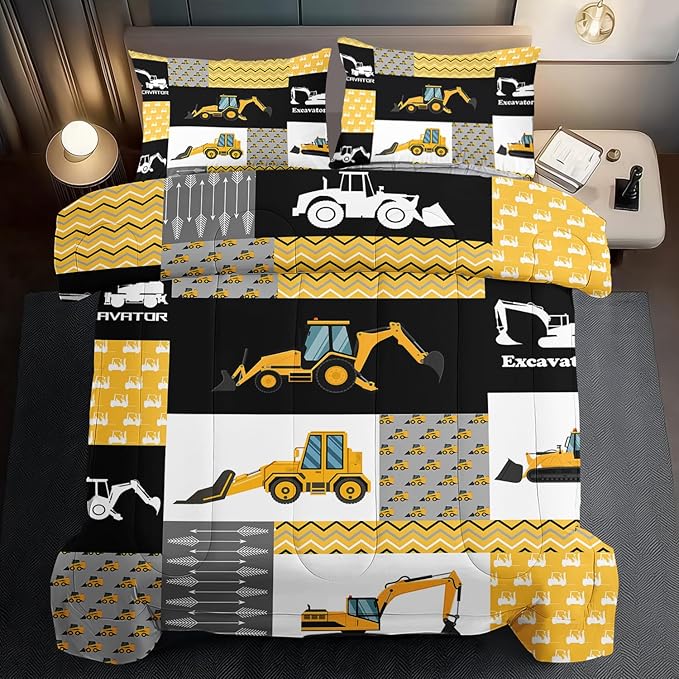 Construction Comforter Set Full Boys,Yellow Full Construction Bedding Set,Engineering Vehicles Comforter Yellow Bedroom Decor Kids,Truck Quilt Cartoon Truck Bedding for Teen-Ruum Studio Home