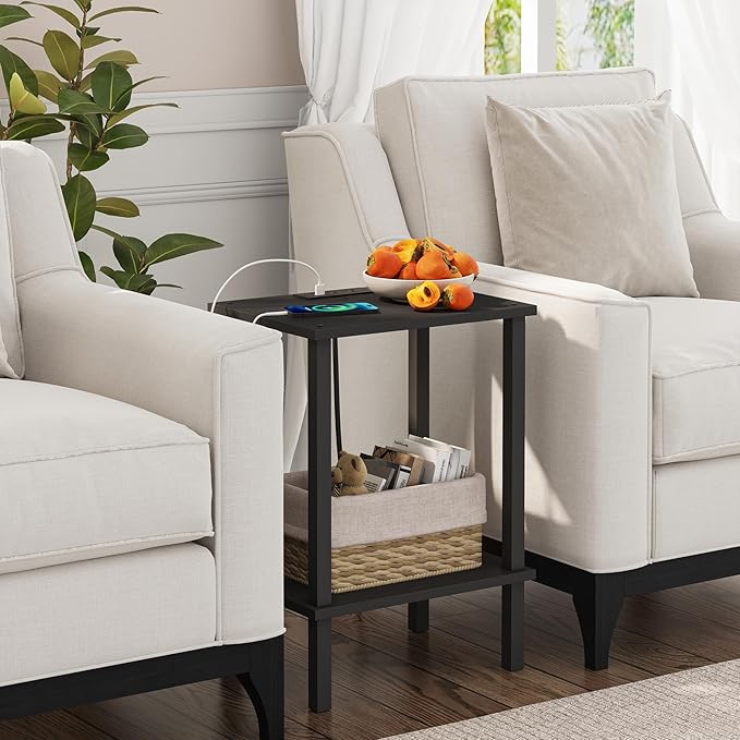TUTOTAK End Table with Charging Station, Side Table with USB Ports and Outlets, Nightstand, 2-Tier Storage Shelf, Sofa Table for Small Space TB01BK040-Ruum Studio Home