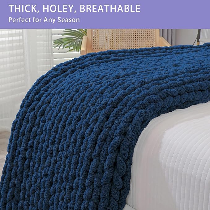 Bigacogo Chunky Knit Throw Blanket for Couch, 80x90 inches, 100% Hand Knitted with Thick Jumbo Chenille Yarn, Cozy Soft Large Rope Knot Cable Crochet Blankets for Sofa Bed Living Room, Navy Blue-Ruum Studio Home