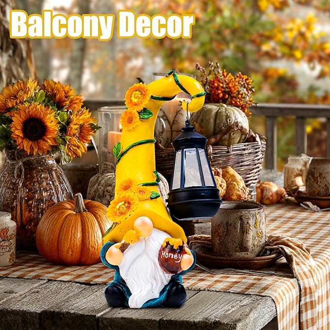 Fall Decorations for Home Porch 12" Solar Fall Gnome Sunflower Garden Statues Honey Bee Jar Decor with LED Lantern Outdoor Gnomes Decorations Patio Yard Balcony Art Birthday Gifts for Mom Grandma-Ruum Studio Home