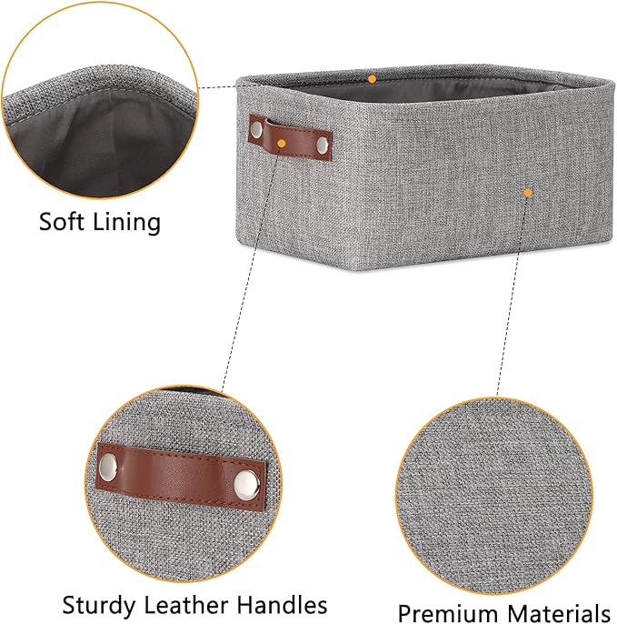 DULLEMELO Small Storage Baskets 11.8"x7.9"x5.1", Fabric Storage Bins for Shelves,Closets,Nursery,Home,Office [3 Pack], Collapsible Storage Baskets with Leather Handles (Gray)-Ruum Studio Home