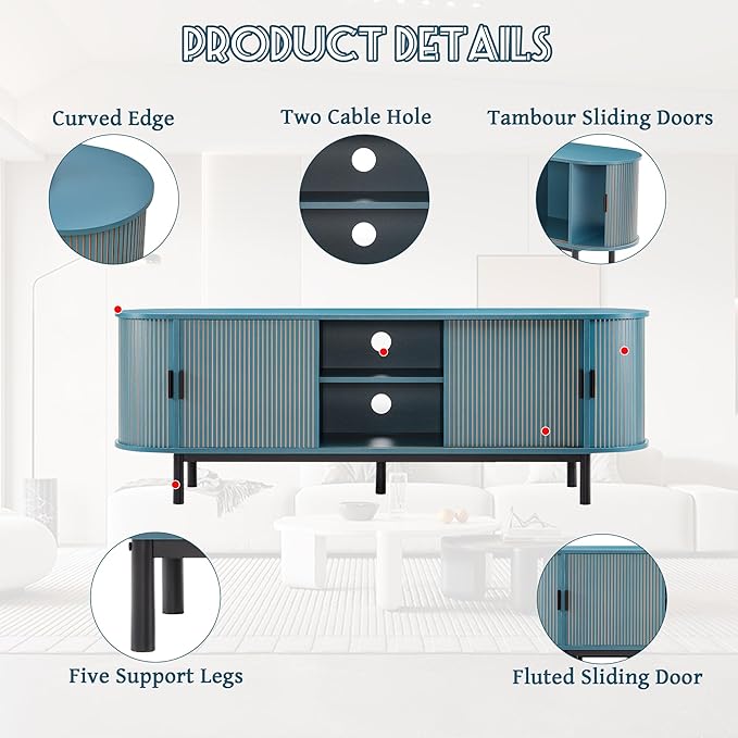 62" Tambour Door TV Stand,Wood Mid Century Modern TV Cabinet for Up to 75“ TV,Curved Edge Long TV Stand with Storage for Bedroom Living Room(62.2inch,Blue)-Ruum Studio Home