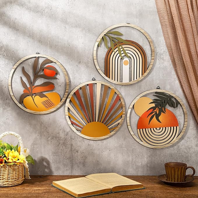 Qunclay 4 Pieces Boho Wall Art Wooden Bohemian Wall Decor Hanging Art Nursery Decor Farmhouse Geometric Hanging 10 Inch Aesthetic Wood Minimalist for Apartment Bedroom(Stylish)-Ruum Studio Home