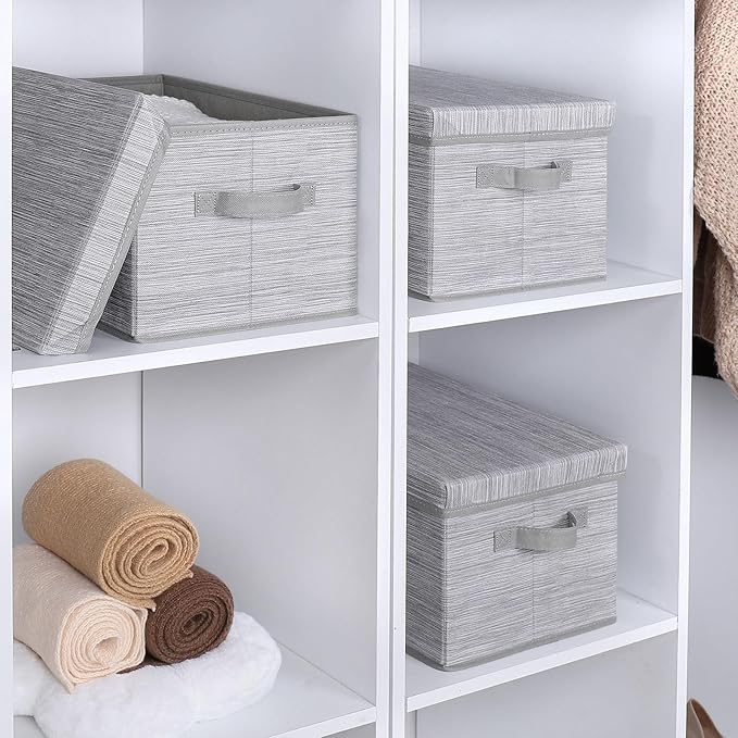 WUIKE Storage Bins with Lids, Collapsible Stackable Storage Bins with Handles, Clothing Storage Containers for Closet, Fabric Shelf Baskets, Large, Light Gray/Slub Gray, 3-Pack-Ruum Studio Home