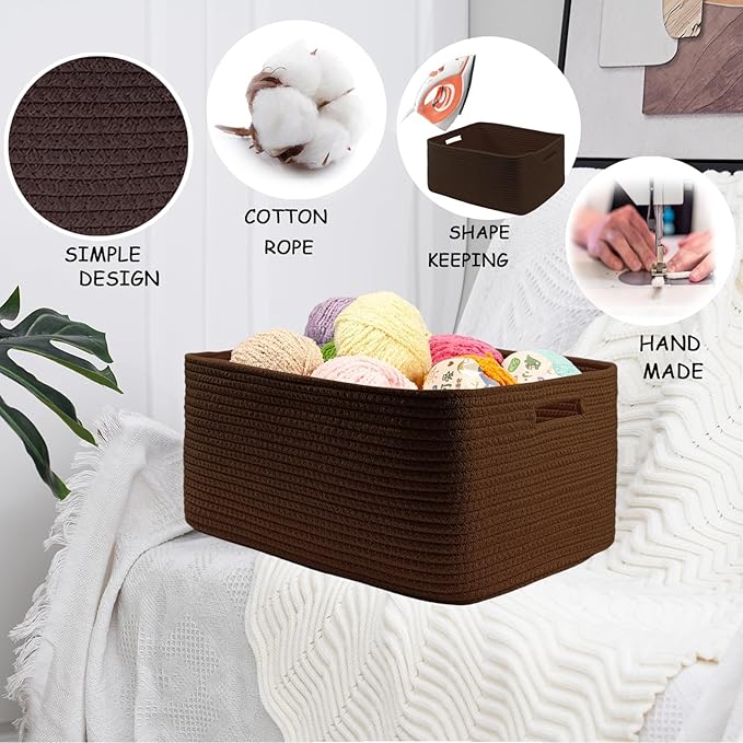 COMFY-HOMI Cotton Rope Woven Basket with Handles for Shelves,Toys,Book, Cloth Storage Baskets for Organizing-17" x 13" x 7.5" Toy Decorative Organizer for Living Room, Bathroom （dark brown）-Ruum Studio Home