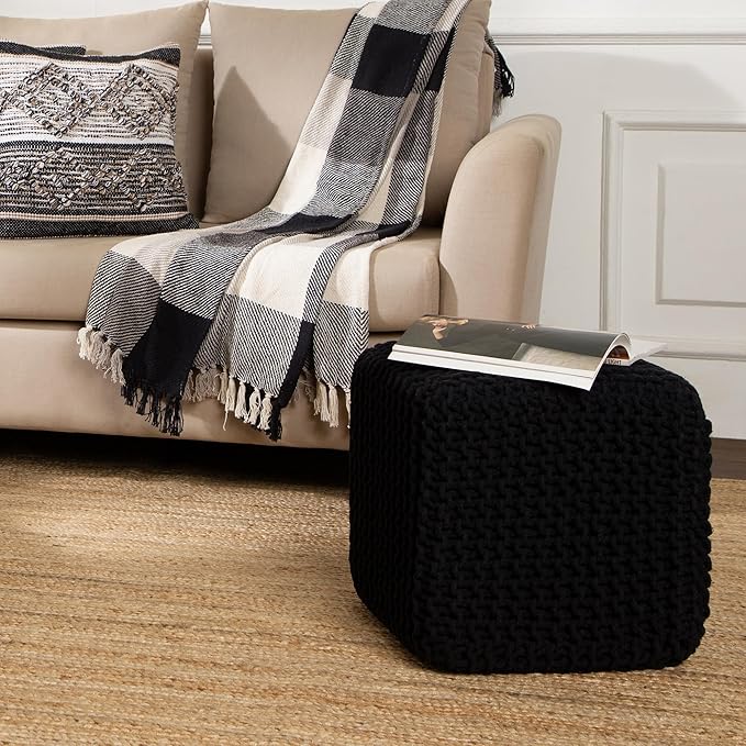 REDEARTH Cube Pouf Foot Stool Ottoman - Hand Knitted Poof - Cord Boho Pouffe - Home Décor - Stuffed Footrest for Living Room - Bedroom - Covered Patio (16" x 16" x 16") - Black-Ruum Studio Home