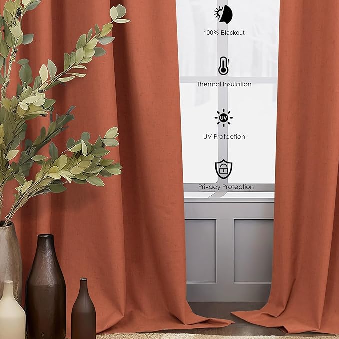 Terracotta Blackout Curtains for Living Room 2 Panel 84 Inches Long Back Tab Pocket Black Out Linen Burnt Orange Rust Drapes for Bedroom Darkening Thermal Insulated Boho Farmhouse Fall Decor 84 Length-Ruum Studio Home