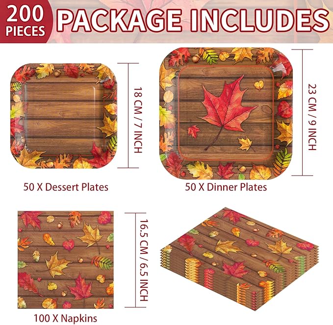 200Pcs Fall Party Decorations Watercolor Autumn Maple Leaves Paper Plates and Napkins Thanksgiving Wooden Grain Tableware Sets for Holiday Harvest Birthday Wedding Dinner Party Supplies Serves 50-Ruum Studio Home