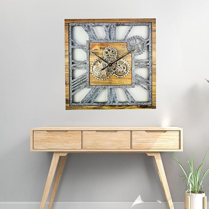 The Gears Clock 24'' Inch Square Real Moving Gear Wall Clock Vintage Industrial Oversized Rustic Farmhouse (Wood and Stone)-Ruum Studio Home