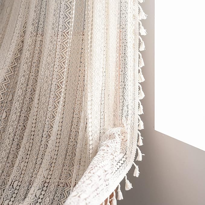 Sutuo Home Crochet Boho Curtain 96 Inches Length, Sheer Lace Handmade Tassels Knitted Window Treatment Vintage Rustic Bohemian Farmhouse Drape for Bedroom Rod Pocket 1 Panel 59" W x 96" L, Beige Wave-Ruum Studio Home