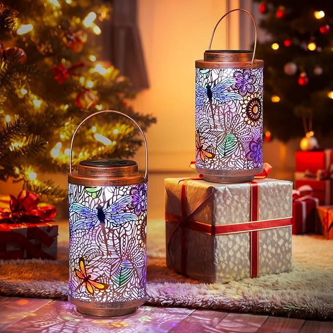 2Pack Solar Outdoor Lanterns Waterproof Multicolor Dragonfly Garden Gifts for Mom Women Backyard Lights Lanterns for Indoor,Outdoor, Porch, Outside,Mothers Day Gifts for Grandma Wife-Ruum Studio Home
