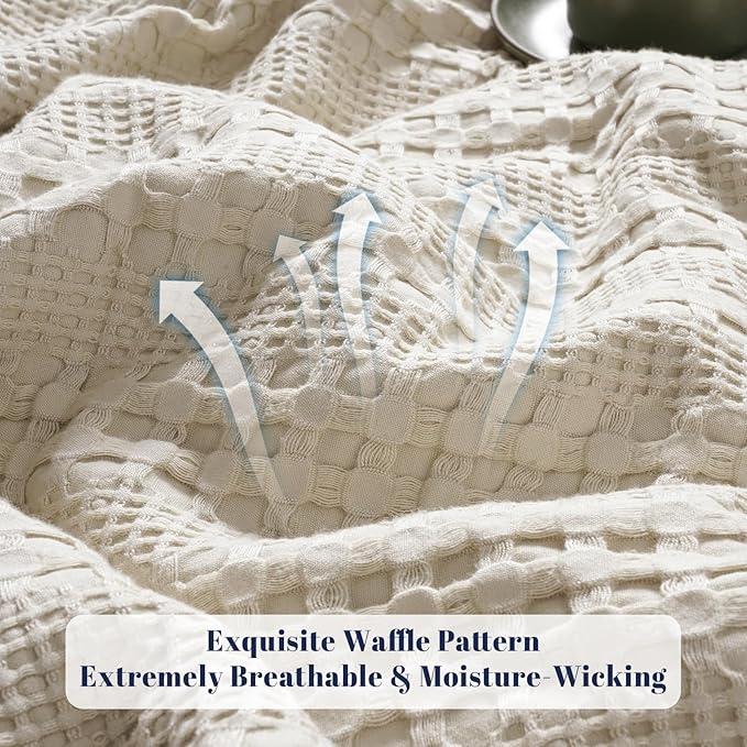 PHF Cooling Waffle Blanket Queen Size, Lightweight 60% Rayon Derived from Bamboo & 40% Cotton Breathable Blanket for Hot Sleepers, Soft and Luxury for Bed Couch and Sofa, 90"x90", Linen-Ruum Studio Home
