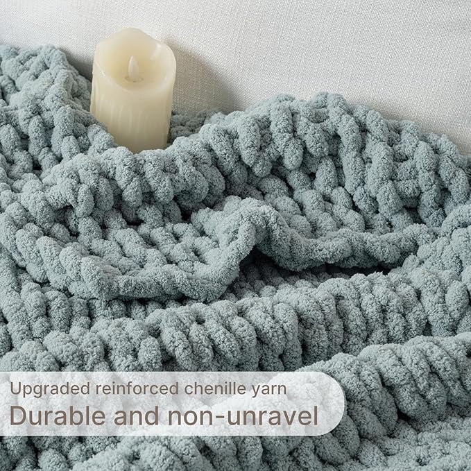 Chunky Knit Blanket Throw, 100% Hand Knit Throw Blanket Handmade Chenille Cable Knit Throw for Couch, Stylish Cozy Soft Rope Knot Crochet Blanket for Home Decor, Chambray Blue, 50x60 Inches-Ruum Studio Home