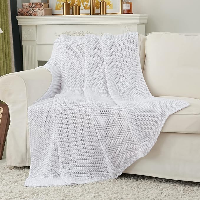 Chunky Cable Knit Throw Blanket Lightweight White 100% Organic Cotton Blanket for Sofa Couch Bed Baby Nursery, Rustic Shabby Chic Modern Farmhouse, Pure White 51” x 63” Give Laundering Bag-Ruum Studio Home
