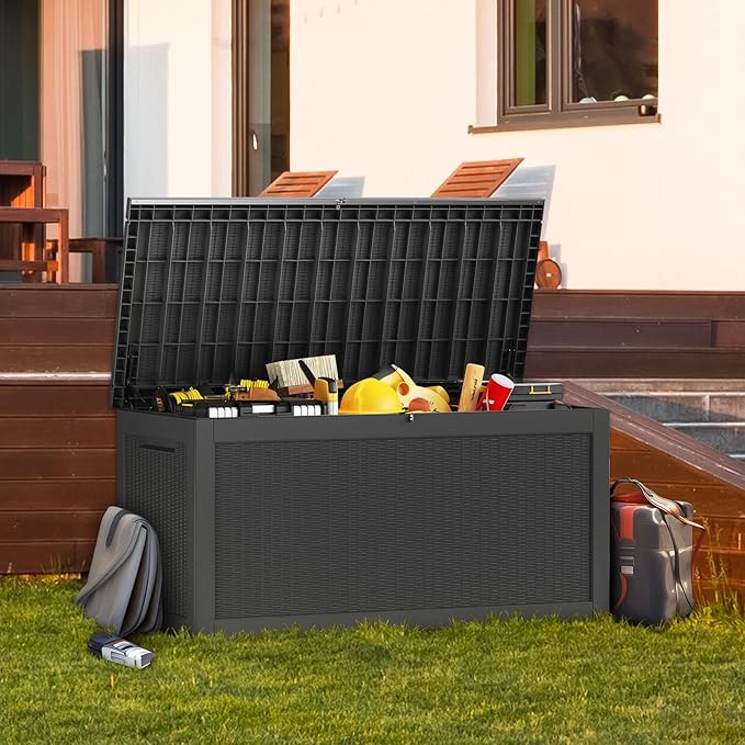 Vixzen 260 Gallon Resin Deck Box, Lockable Outdoor Storage Box for Patio Cushions Storage Furniture,Garden Tools, Pool Supplies, Weatherproof and UV Resistant- Black-Ruum Studio Home