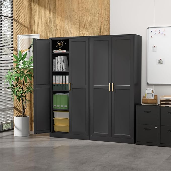 Kitchen Pantry Cabinet,71”Black Metal Pantry Storage Cabinet with Doors and 4 Adjustable Shelves,Kitchen Cabinet with 2 Gold Handles,Tall Cabinet for Livingroom,Pantry, Bathroom-Ruum Studio Home