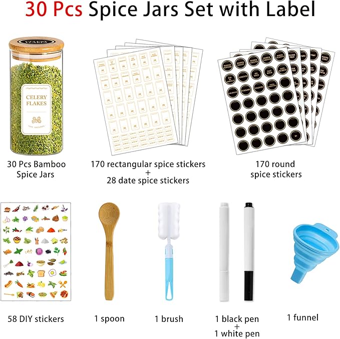 Spice Jars with Labels, 30Pcs 6oz Glass Spice Jars with Bamboo Lids, Minimalist Stackable Airtight Spice Containers with 426 labels for Kitchen Seasoning, Tea, Herbs, Coffee, Sugar,Shells-Ruum Studio Home
