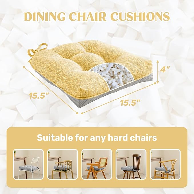 puredown® Chair Cushions for Dining Chairs, Tufted Memory Foam Chair Pads with Non-Slip Backing, Kitchen Seat Cushions with Ties, Washable Pads Set of 4, 15.5" x 15.5" x 4", Yellow-Ruum Studio Home