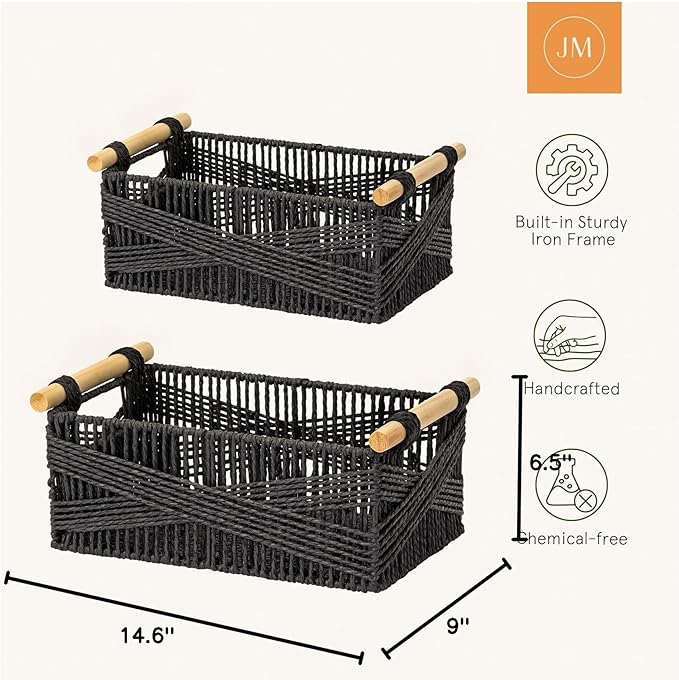 LA JOLIE MUSE Wicker Storage Baskets for Organizing, Recyclable Paper Rope Basket with Wood Handles, Decorative Hand Woven Basket Organizers for Makeup Books Shelves Living Room, Black, Set of 2-Ruum Studio Home
