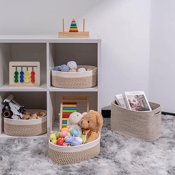 Shelf Storage Baskets for Organizing|Decorative Basket for Closet Storage|Toy Baskets&Bins|Small Woven Rope Baskets-13x8.66x5.11’’,Durable&Stylish,Oval 3 Packs Off White&Mixed Camel-Ruum Studio Home