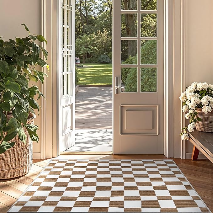 jinchan 3x5 Brown Checkered Area Rugs for Kids Room - Machine Washable Rug Modern Neutral Geometric Lattice Soft Non-Slip Carpet for Nursery Playroom Bedroom Entryway Living Room Home Office-Ruum Studio Home