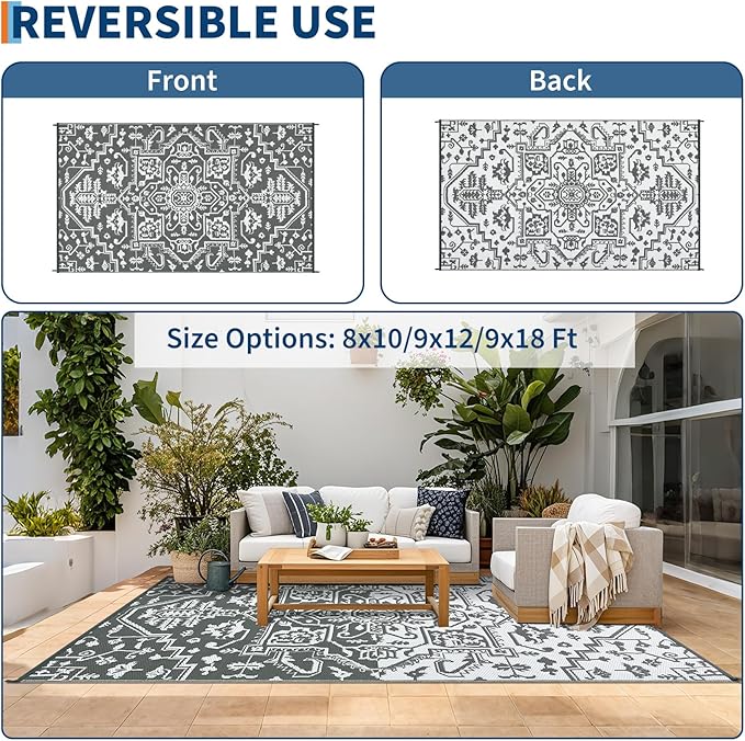 Waterproof Outdoor Rug 9x18 Reversible Plastic Straw Patio Rug, Stain-Resistant Vintage Medallion Carpet, Large Indoor Outdoor RV Mat for Deck, Camping, Balcony, Grey White-Ruum Studio Home